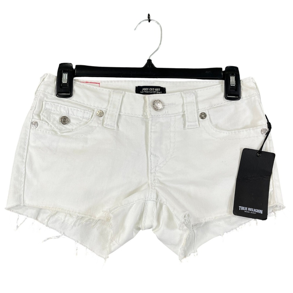 True Religion Joey Cut Off Big T Shorts Women 25 White Distressed Low Rise Denim